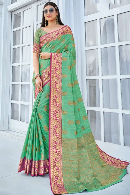 sari tissage vert d'eau en coton