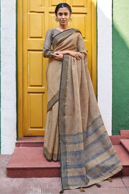 sari en lin avec tissage en marron