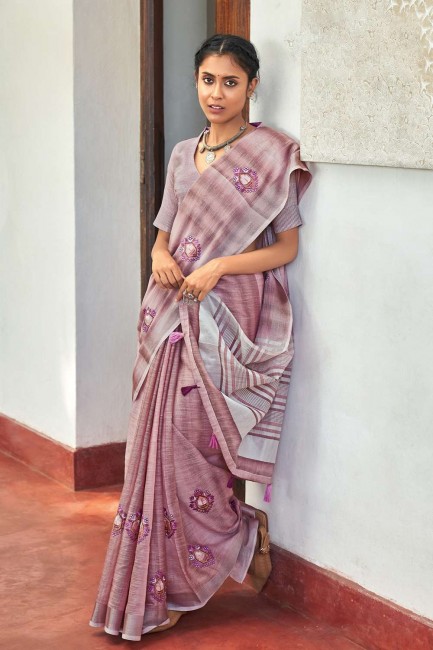 sari en lin avec broderie en violet