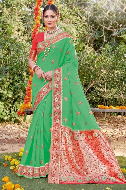 saris vert coton dans le tissage