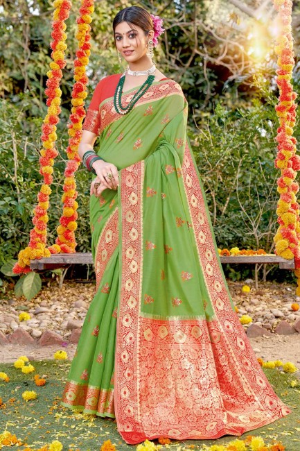 sari en coton vert clair avec tissage