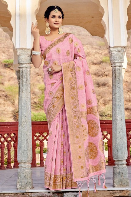 sari rose en lin avec tissage