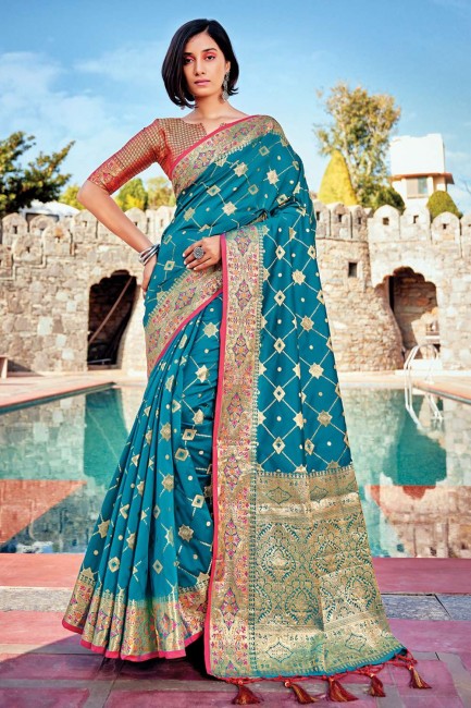 banarasi soie banarasi sari avec tissage en bleu