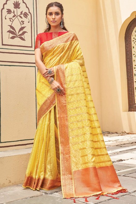 sari en organza jaune avec tissage