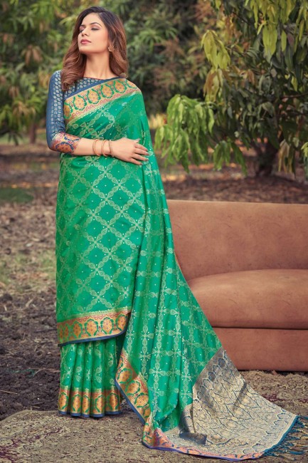 tissage vert banarasi sari en soie banarasi