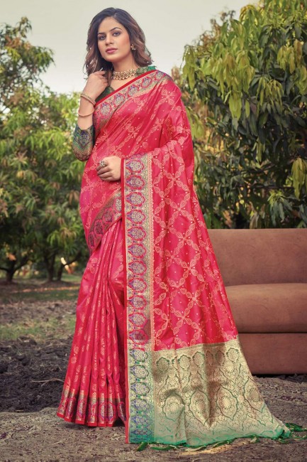 banarasi soie rose foncé banarasi sari en tissage