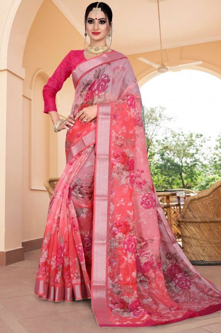saris rose avec zari, imprimé, bordure en dentelle en lin