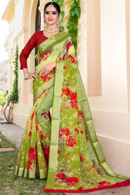 saris vert clair en zari, imprimé, bordure en dentelle en lin