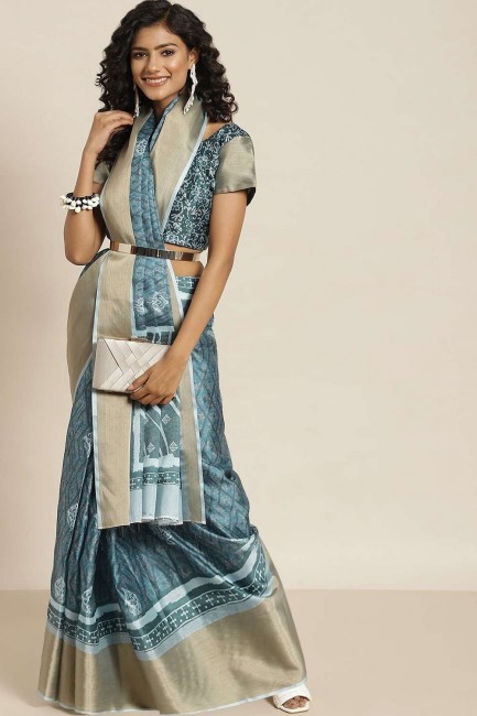 sari bleu sarcelle imprimé en soie avec chemisier