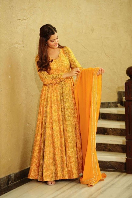 Robe robe jaune en georgette imprimée numérique avec Dupatta