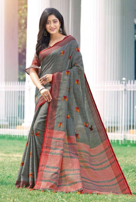 coton lin gris sari