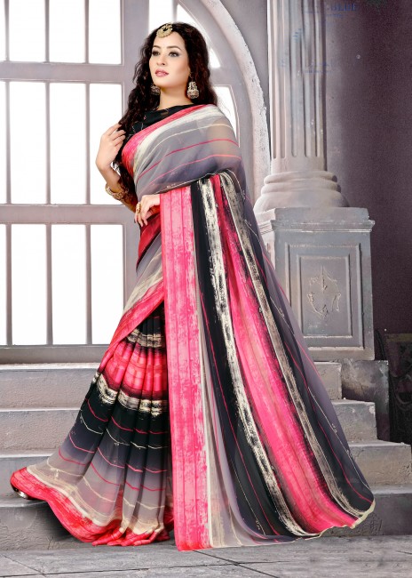 gris et couleur rose en satin de soie sari