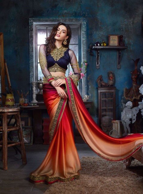 sari en satin multicolore avec broderie