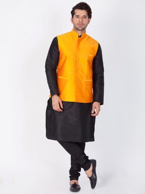 vêtements ethniques soie coton noir kurta ready-made kurta payjama avec la veste