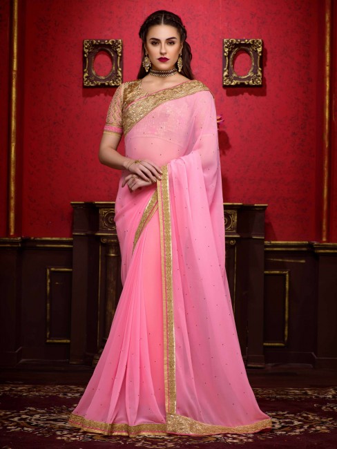 Blouse sari rose en georgette brodée