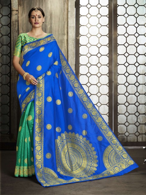 sari bleu roi en soie grège banarasi