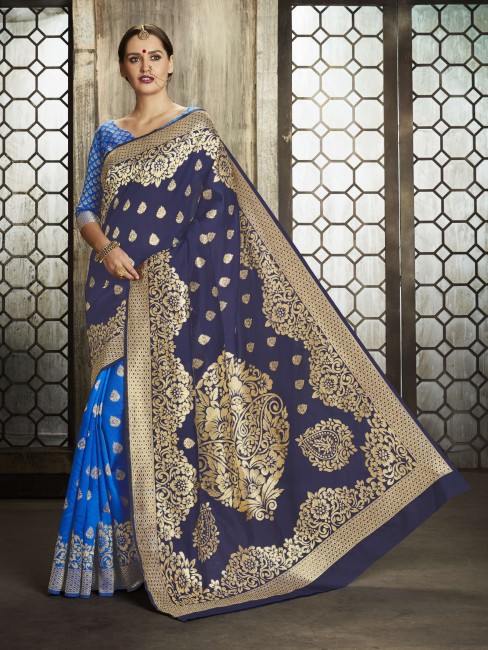 saris bleu marine en soie brute banarasi avec