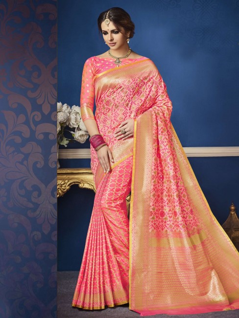 saris en soie brute rose banarasi avec