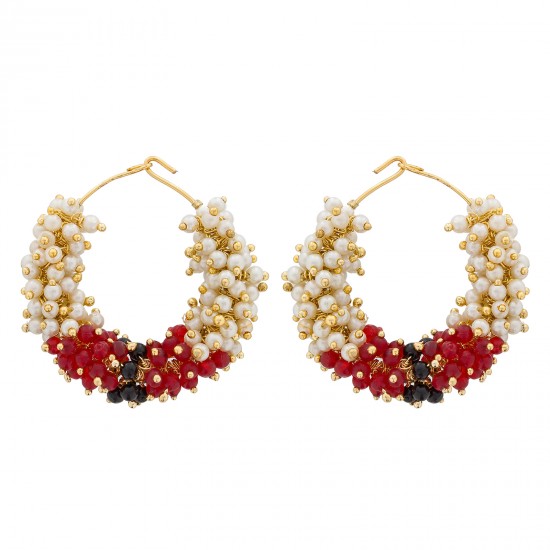 perles boucles d'oreilles blanc, rouge, noir et or