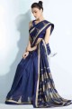 sari en soie tissée à la main bleu marine avec imprimé