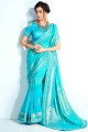 saris bleu ciel en soie tissée imprimée