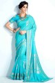 saris bleu ciel en soie tissée imprimée