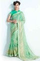 sari en soie tissé à la main imprimé en vert avec chemisier