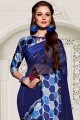sari georgette imprimé en bleu marine avec chemisier