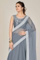 saris net en gris avec bordure brodée en dentelle
