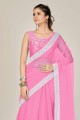 saris rose clair avec filet de bordure brodé et dentelle