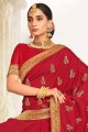 sari indien du sud en soie marron avec bordure en dentelle brodée
