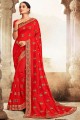 sari du sud de l'inde en soie rouge avec bordure en dentelle brodée