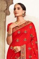 sari du sud de l'inde en soie rouge avec bordure en dentelle brodée