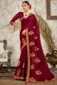 saris bordeaux en soie avec zari, brodé
