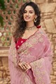 pierre, perles, paillettes sari en organza rose clair