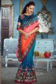 saris brodé en satin bleu