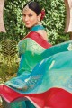 saris turquoise en soie brute banarasi