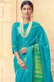 sari en soie kora bleu avec imprimé