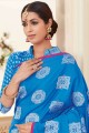 sari bleu banarasi en soie brute
