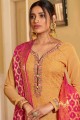 Embroidered Georgette Palazzo Suit in Yellow with Dupatta