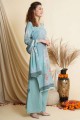 costume palazzo bleu sarcelle en crêpe à impression numérique avec dupatta