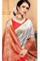 gris et couleur rouge sari de soie grège