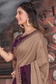 zari violet, beige, fil, sari brodé en soie tussar