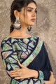 sari bleu marine avec impression numérique satin et soie