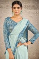 sari bleu clair en georgette et soie en impression numérique
