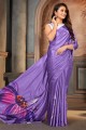 sari violet en satin avec impression numérique