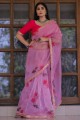 dentelle, sari en organza à imprimé numérique rose avec chemisier