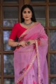 dentelle, sari en organza à imprimé numérique rose avec chemisier