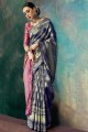 bleu marine, couleur rose Banarasi sari de soie