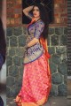 couleur rose Banarasi sari de soie d'art